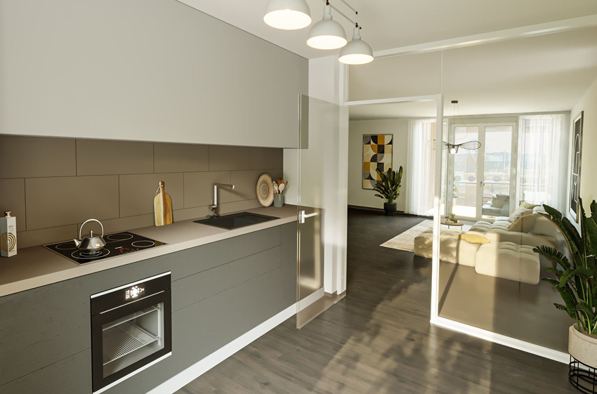 Attraktive Küche mit Blick ins Wohnzimmer
