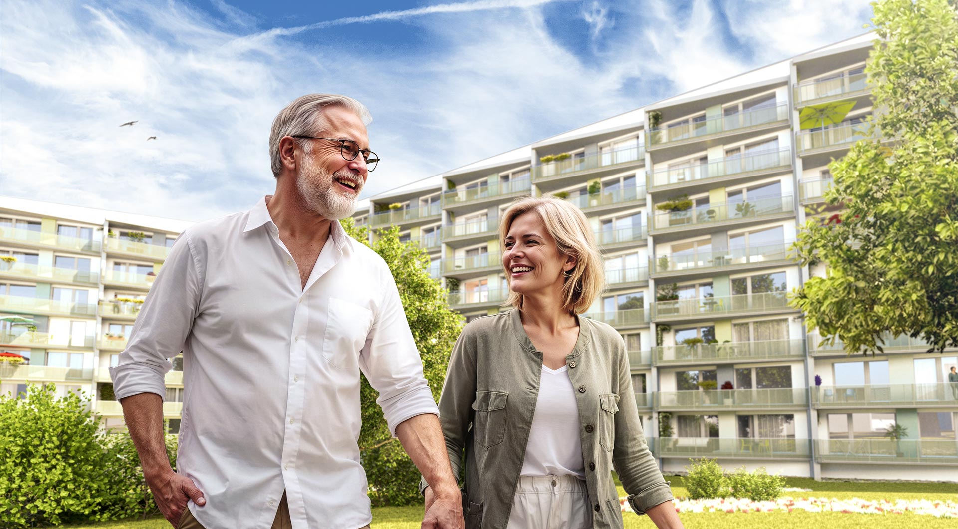Ein Älteres Parr spaziert und hinter ihnen erstrahlt sich der Mozartbogen