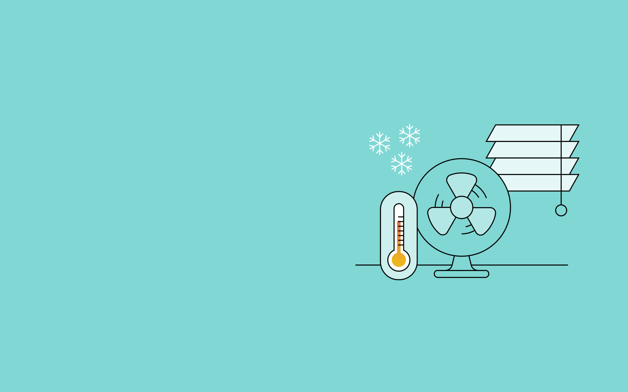 Grafik eines Thermometers, Ventilators und einer Jalousie