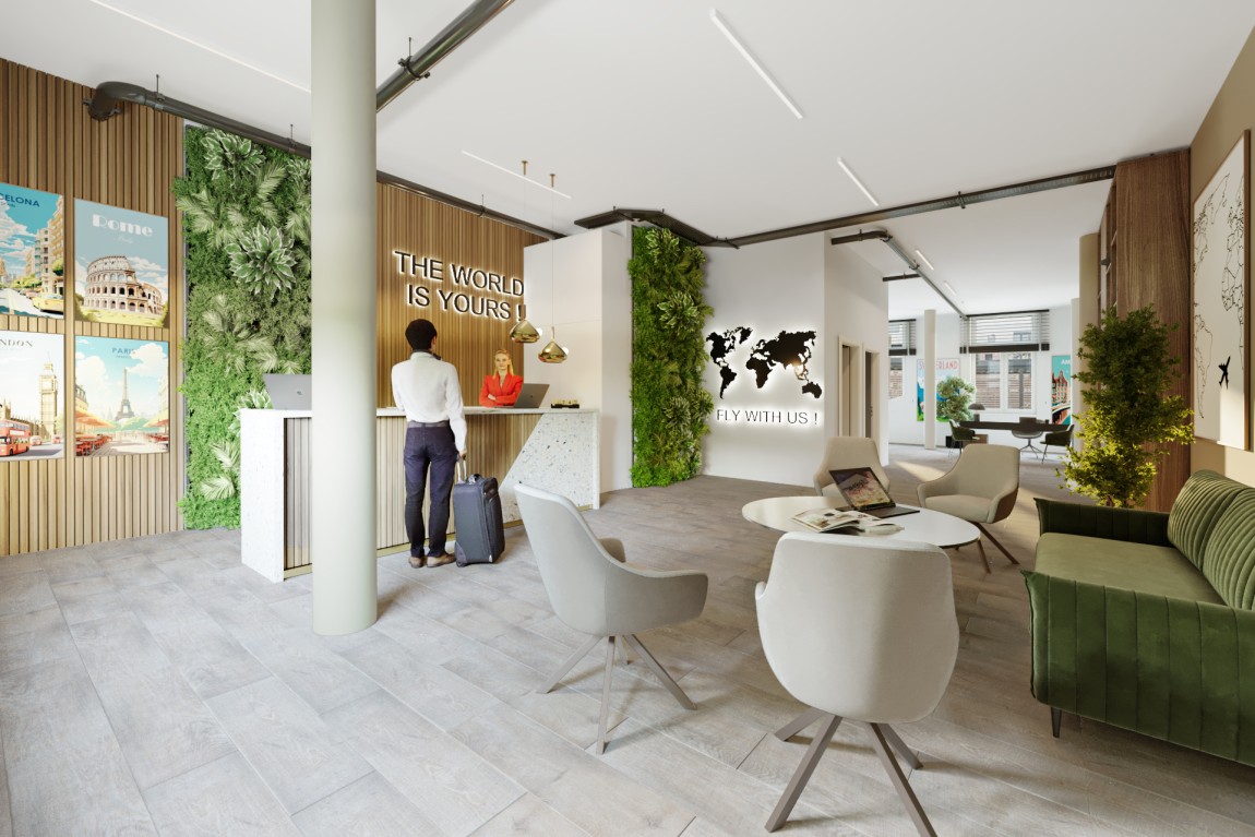 Moderne Empfangslobby mit Sitzbereich, Pflanzenwand und Rezeption in Immobilienprojekt.