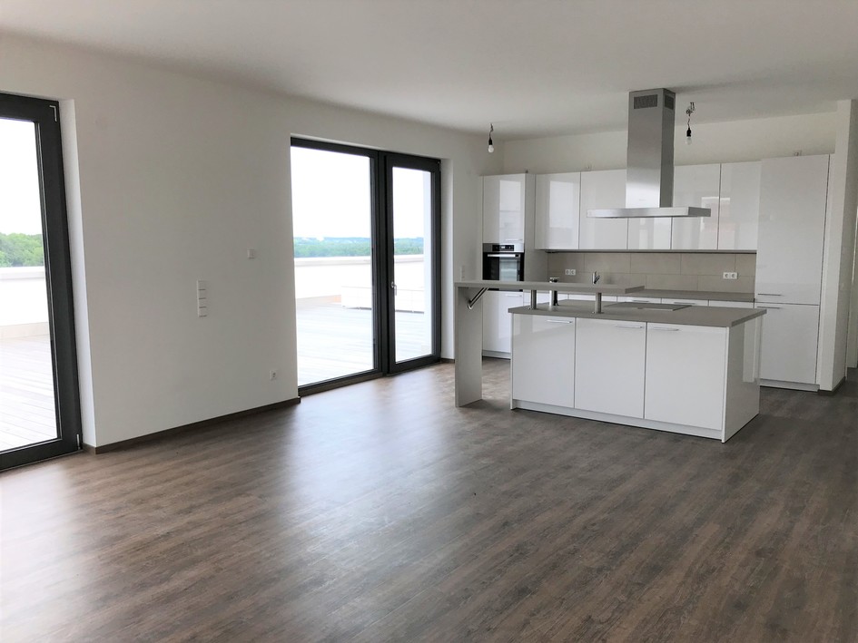 Moderne offene Küche mit Kochinsel und großen Fenstertüren zu Terrasse in Neubauwohnung.