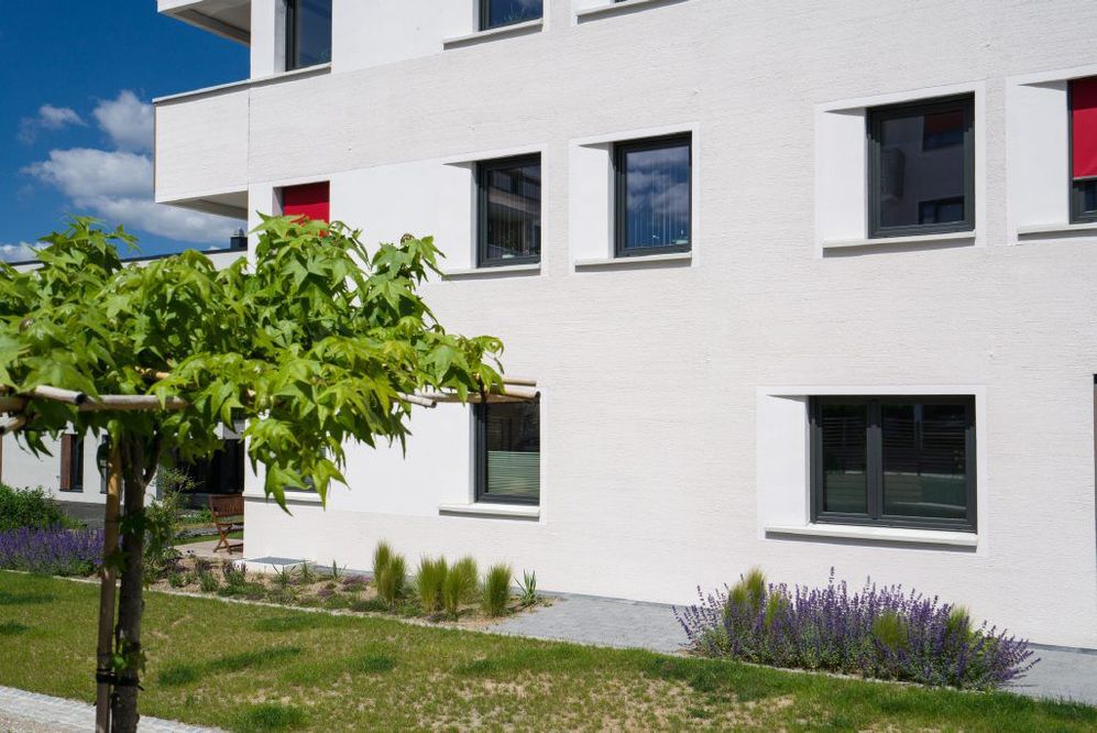 Moderner Wohnkomplex mit weißer Fassade, Fenster und begrüntem Vorgarten bei Sonnenschein.