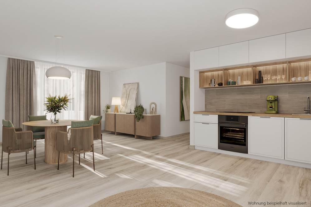 Offene Küche mit Essbereich, modern, helle Holzböden und natürliche Einrichtung.