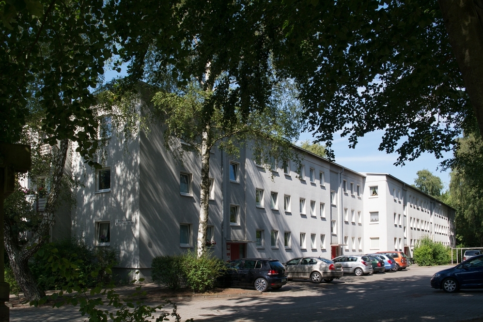 Mehrstöckige Wohngebäude mit Parkplätzen und Autos, umgeben von Bäumen und Grünflächen.